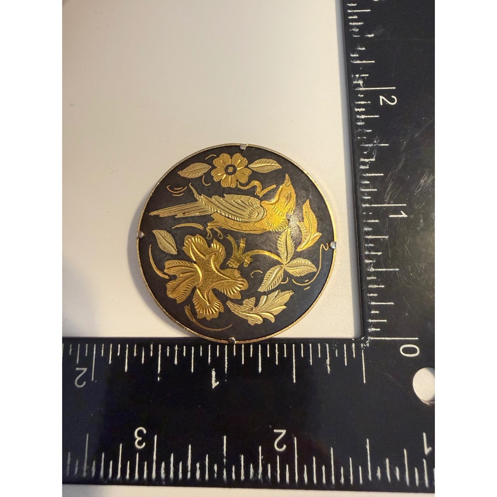 Vintage Damascene Round Brooch Gold Tone Bird Floral Pin Spanish Jewelry 1.5"